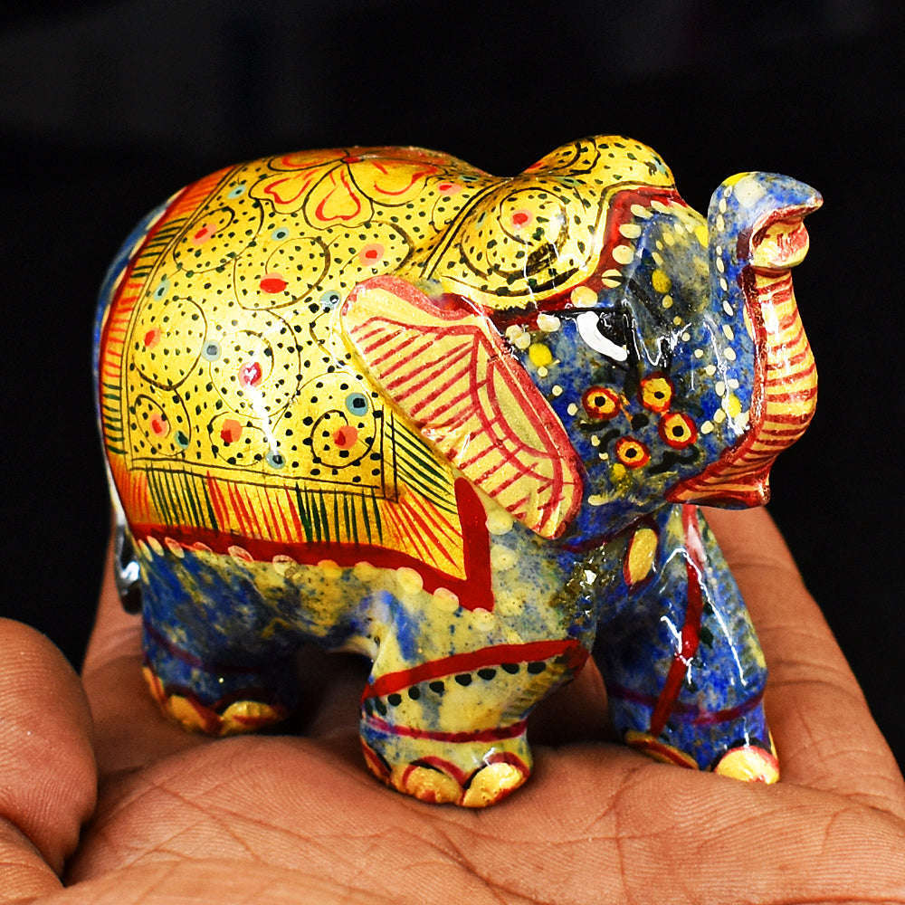 gemsmore:Artisian Lapis Lazuli Enamel Printed Hand Carved Genuine Crystal Gemstone Carving Elephant