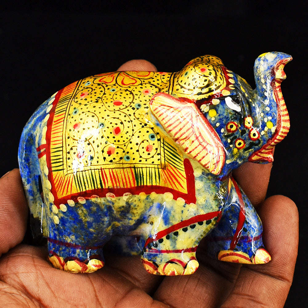 gemsmore:Artisian Lapis Lazuli Enamel Printed Hand Carved Genuine Crystal Gemstone Carving Elephant