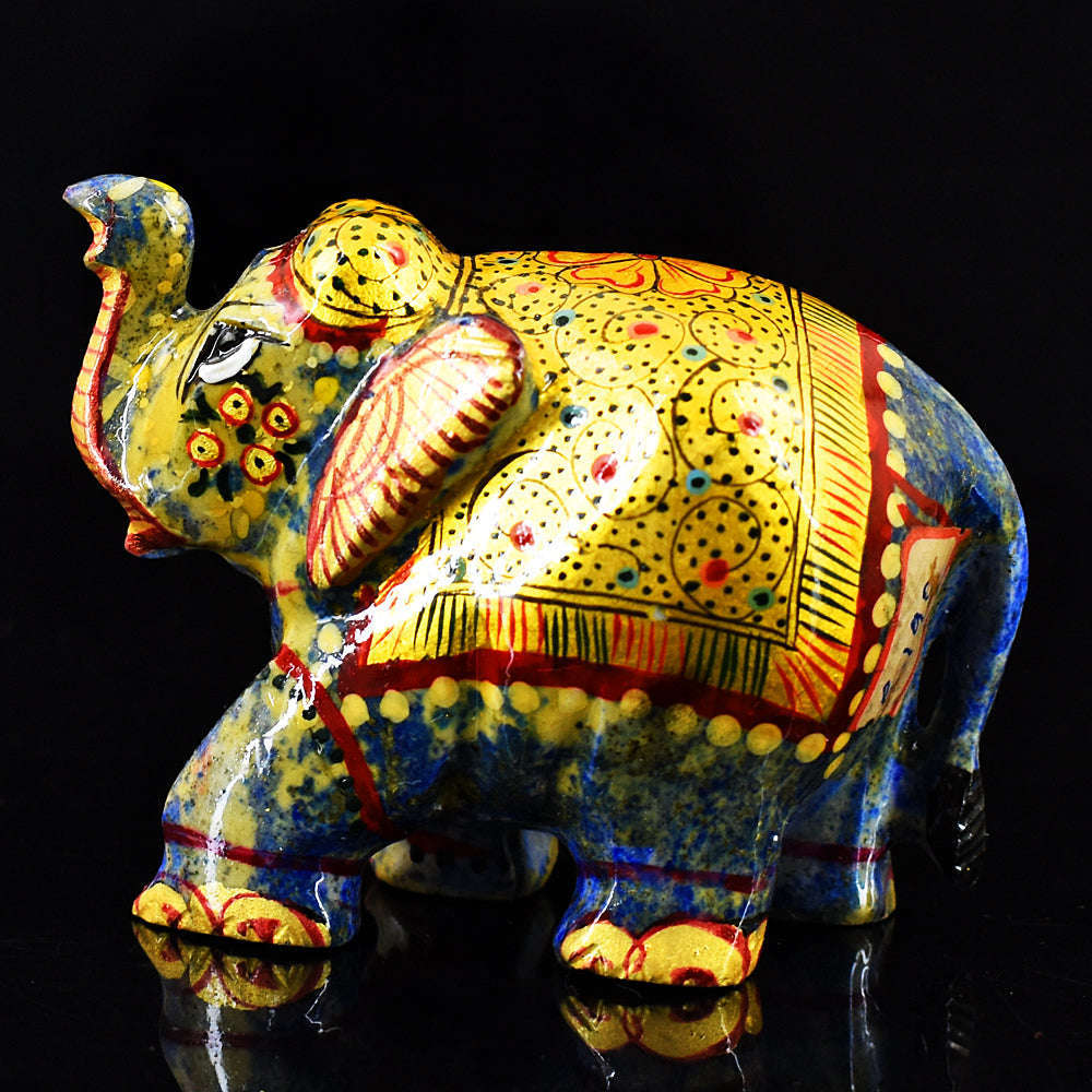 gemsmore:Artisian Lapis Lazuli Enamel Printed Hand Carved Genuine Crystal Gemstone Carving Elephant