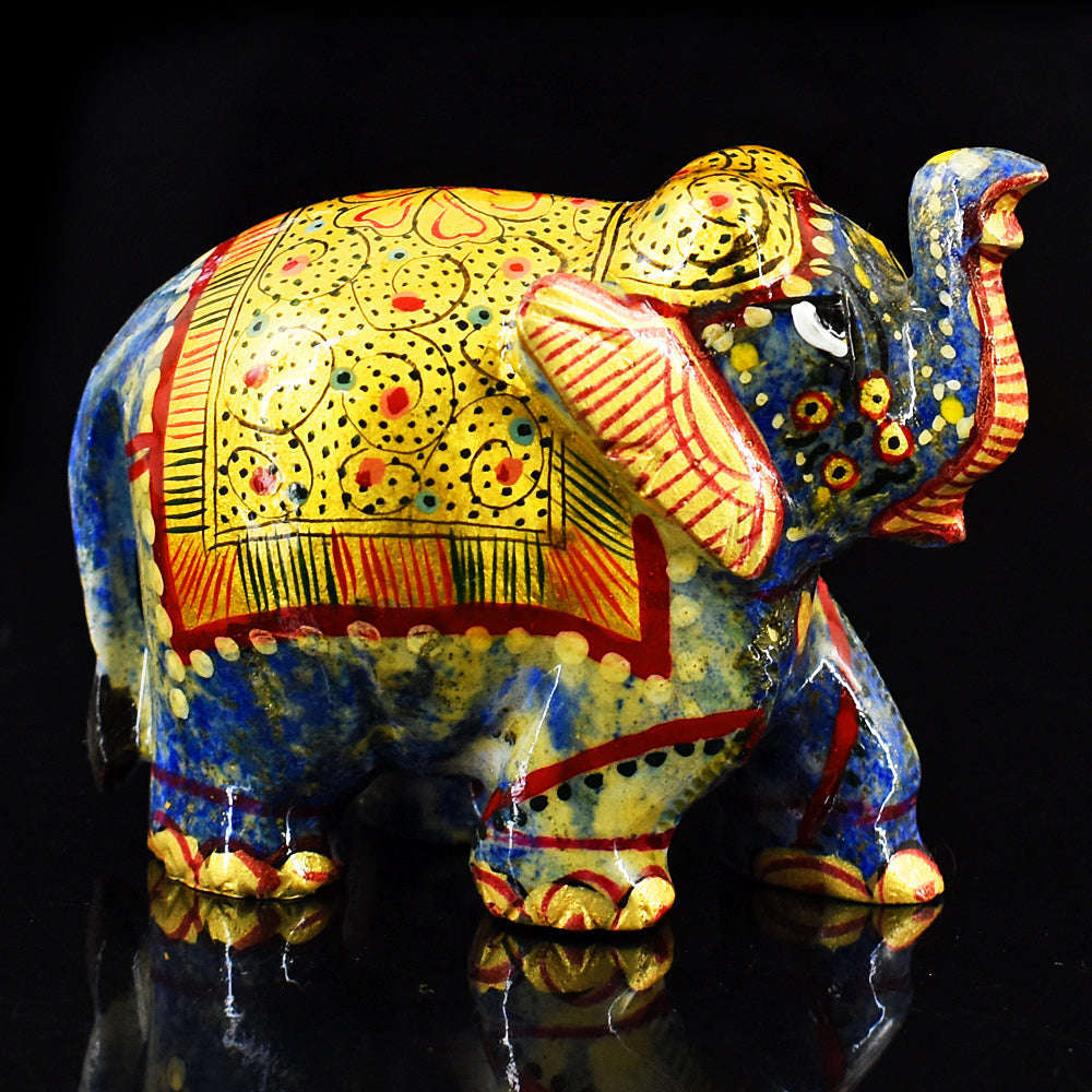 gemsmore:Artisian Lapis Lazuli Enamel Printed Hand Carved Genuine Crystal Gemstone Carving Elephant