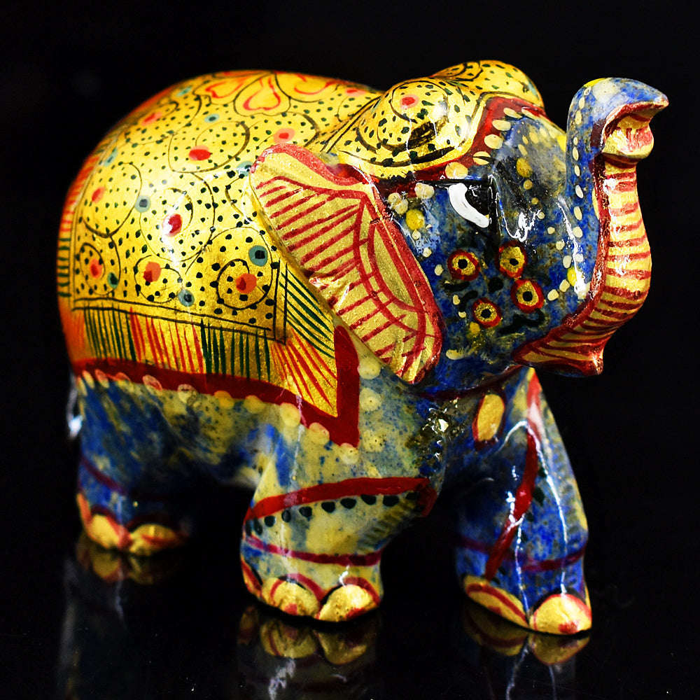 gemsmore:Artisian Lapis Lazuli Enamel Printed Hand Carved Genuine Crystal Gemstone Carving Elephant