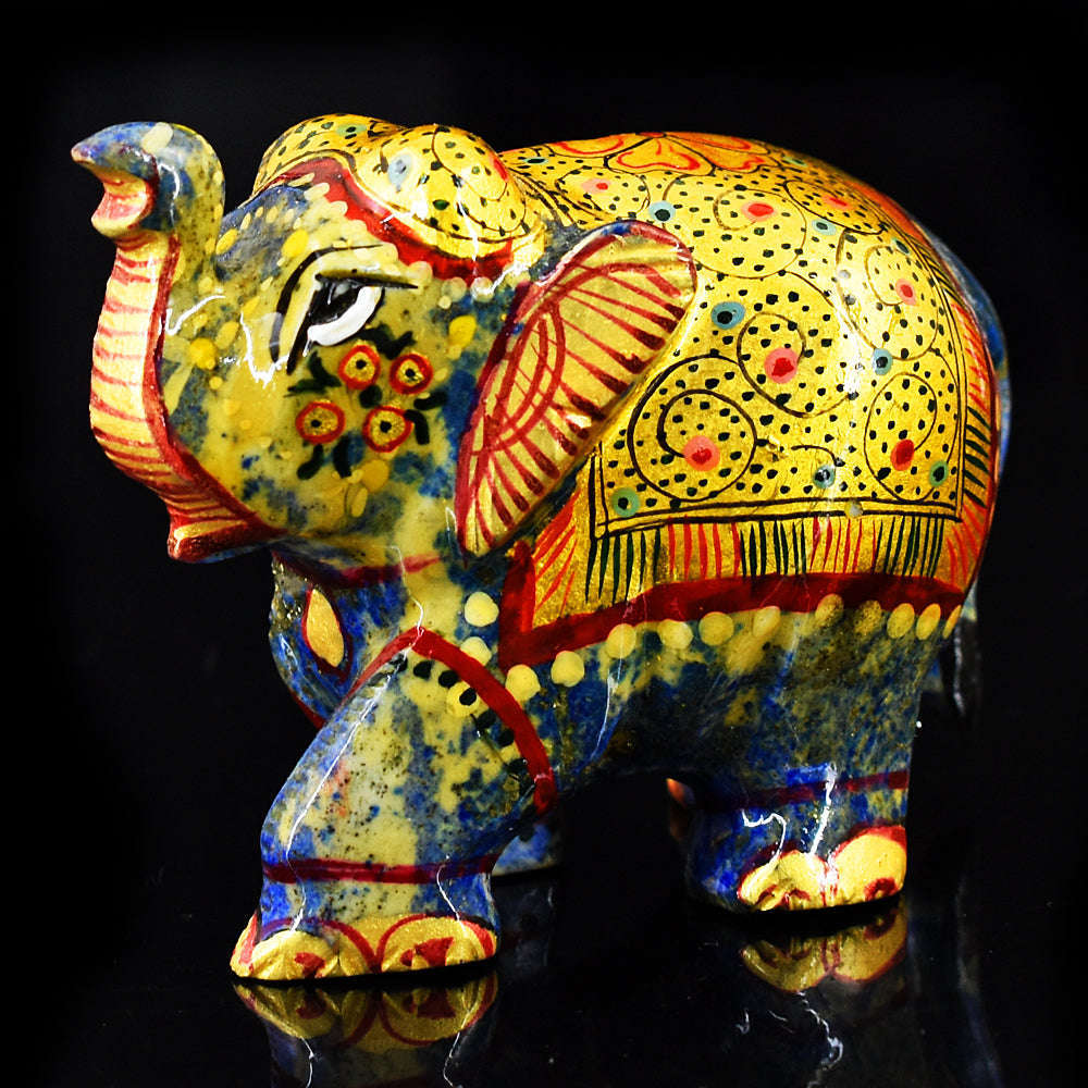 gemsmore:Artisian Lapis Lazuli Enamel Printed Hand Carved Genuine Crystal Gemstone Carving Elephant