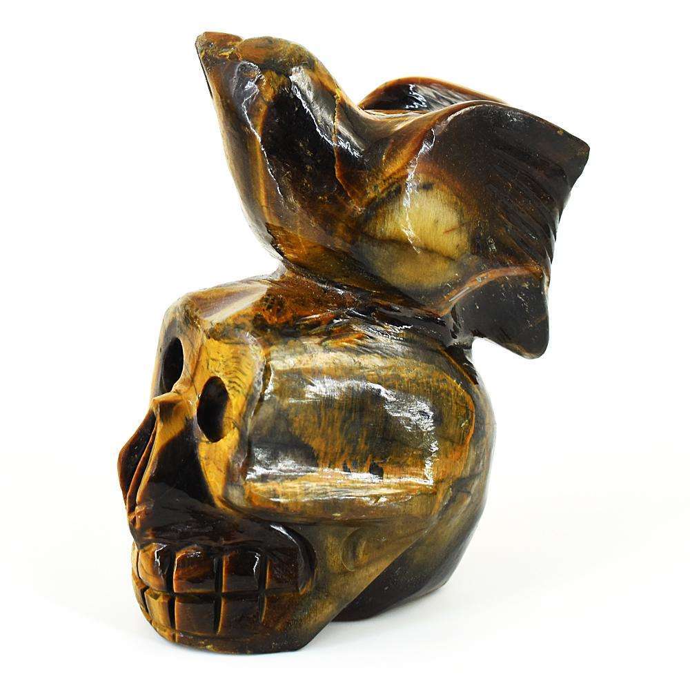 gemsmore:Artisian Tiger Eye Hand Carved Skull With Bird