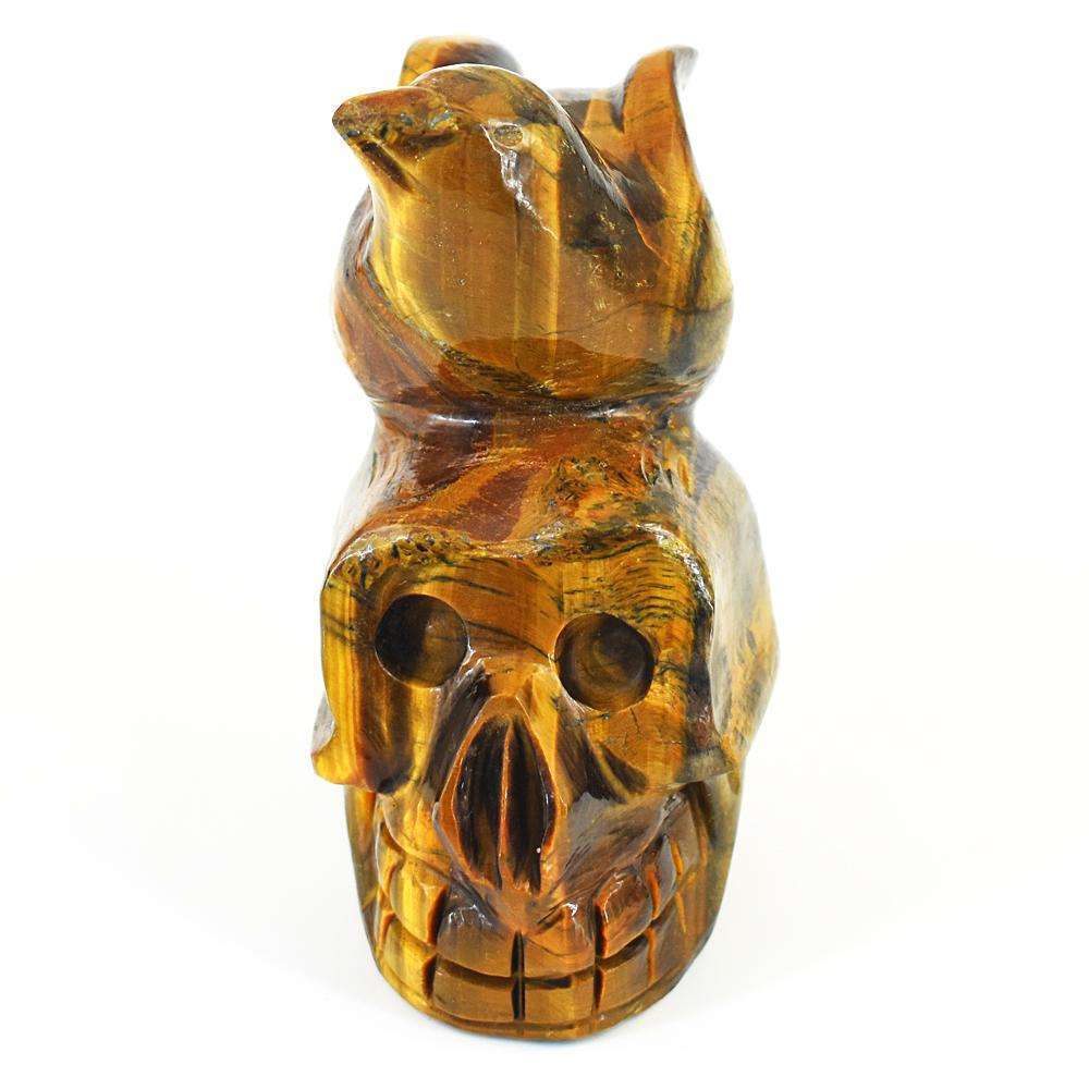 gemsmore:Artisian Tiger Eye Hand Carved Skull With Bird