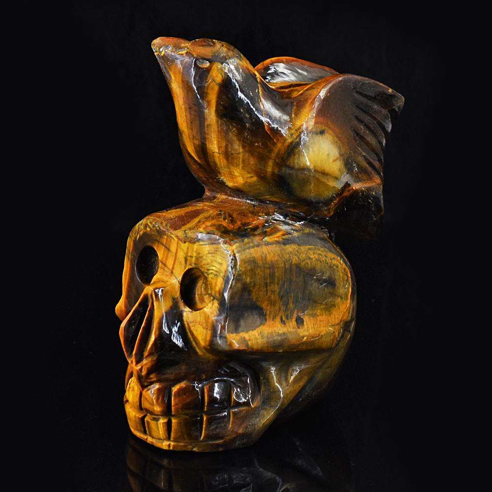 gemsmore:Artisian Tiger Eye Hand Carved Skull With Bird