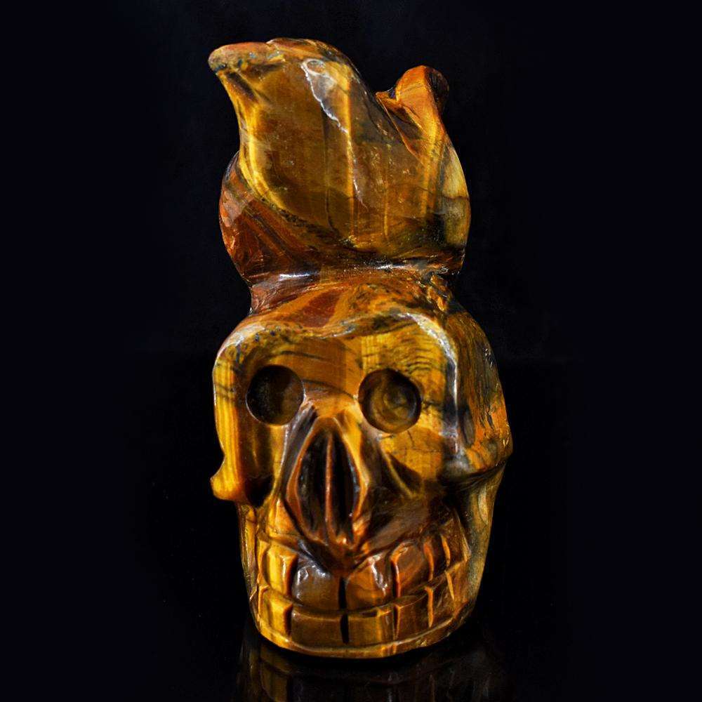 gemsmore:Artisian Tiger Eye Hand Carved Skull With Bird