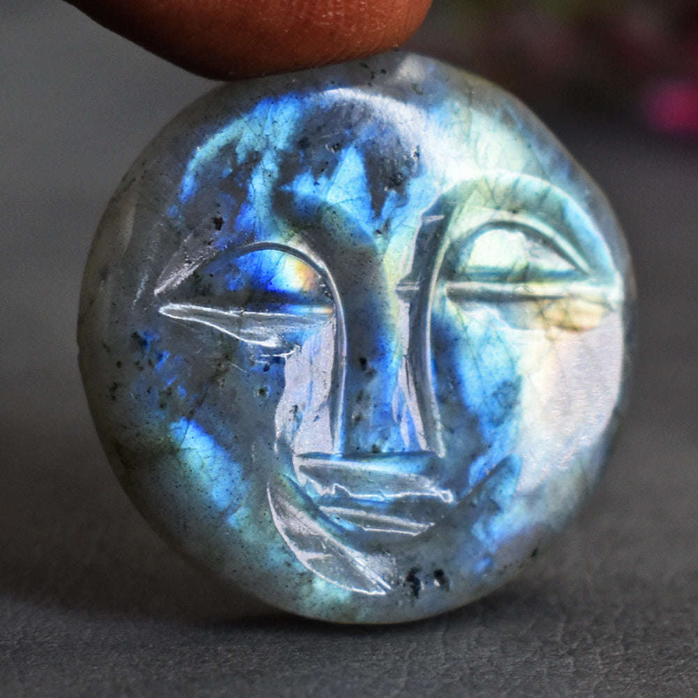 gemsmore:Beautiful 41 Carats Genuine Amazing Flash Labradorite Carved Smiling Face Gemstone