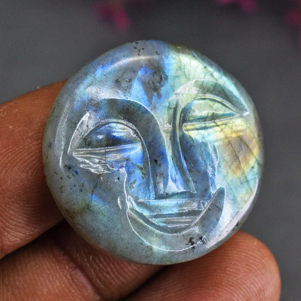 gemsmore:Beautiful 41 Carats Genuine Amazing Flash Labradorite Carved Smiling Face Gemstone