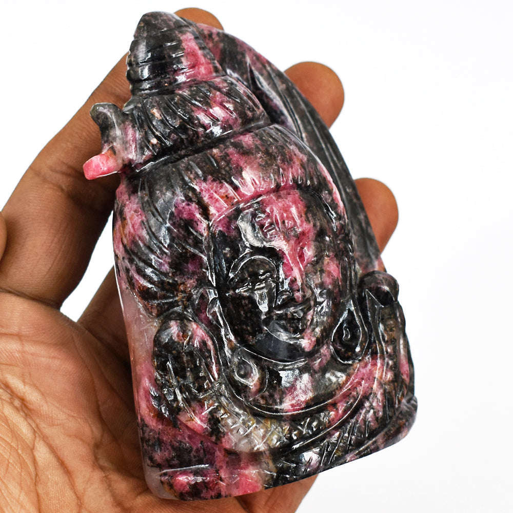 gemsmore:Beautiful Hand Carved Rhodonite Lord Shiva Head Gemstone