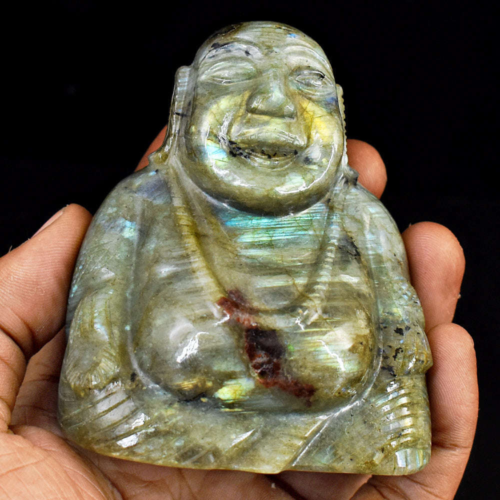 gemsmore:Beautiful Labradorite Hand Carved Genuine Crystal Gemstone Carving Laughing Buddha