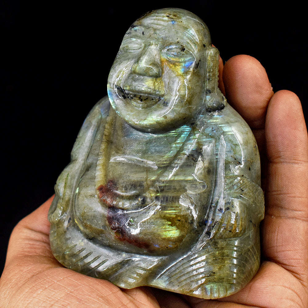 gemsmore:Beautiful Labradorite Hand Carved Genuine Crystal Gemstone Carving Laughing Buddha