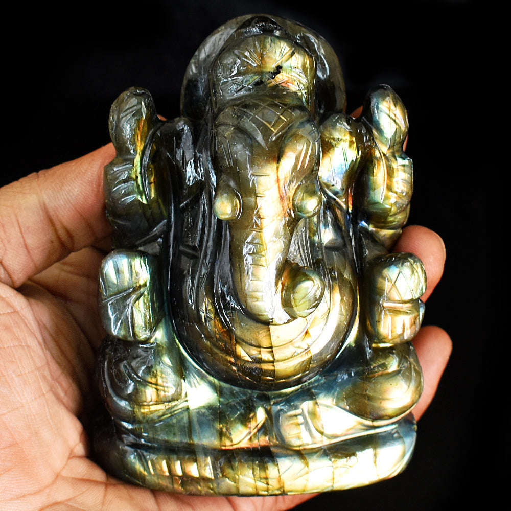 gemsmore:Beautiful Labradorite  Hand Carved Genuine Crystal Gemstone Carving Lord Ganesha