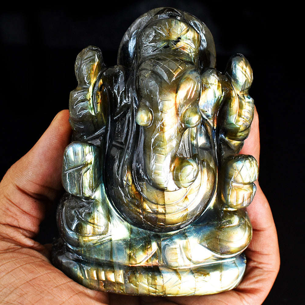 gemsmore:Beautiful Labradorite  Hand Carved Genuine Crystal Gemstone Carving Lord Ganesha