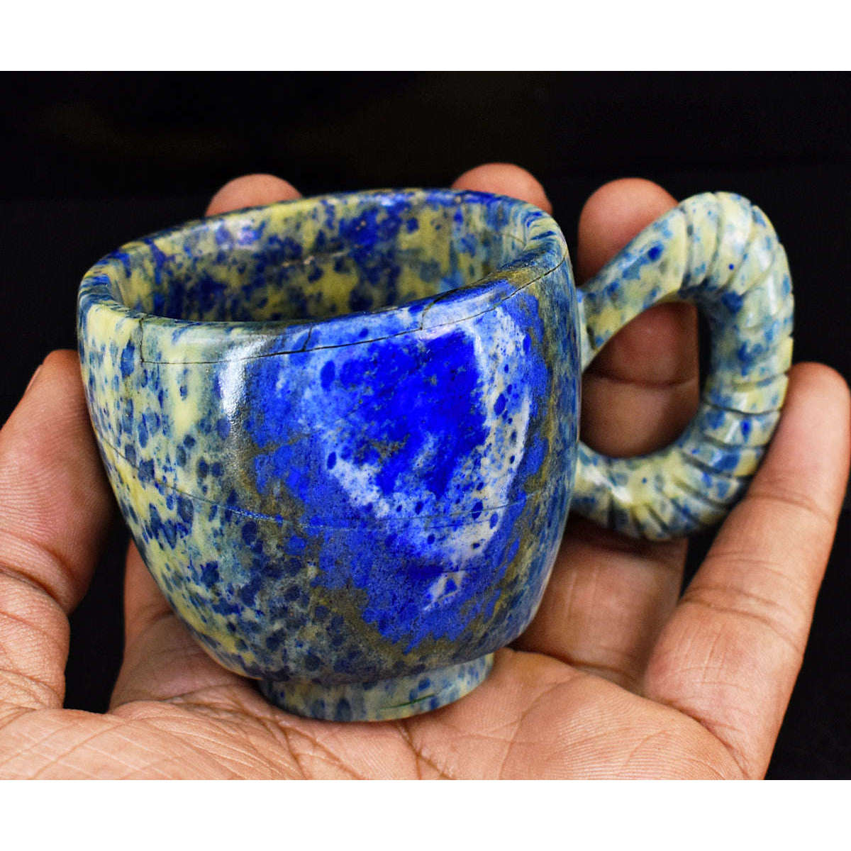 gemsmore:Beautiful Lapis Lazuli  Hand Carved Genuine Crystal Gemstone Carving Royal Cup