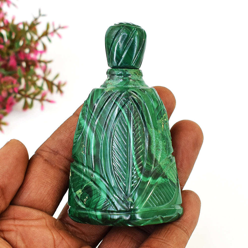 gemsmore:Beautiful Malachite Hand Carved Genuine Crystal Gemstone Carving Perfume Bottle