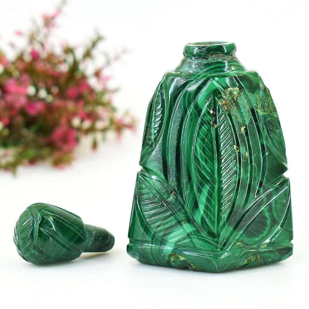 gemsmore:Beautiful Malachite Hand Carved Genuine Crystal Gemstone Carving Perfume Bottle