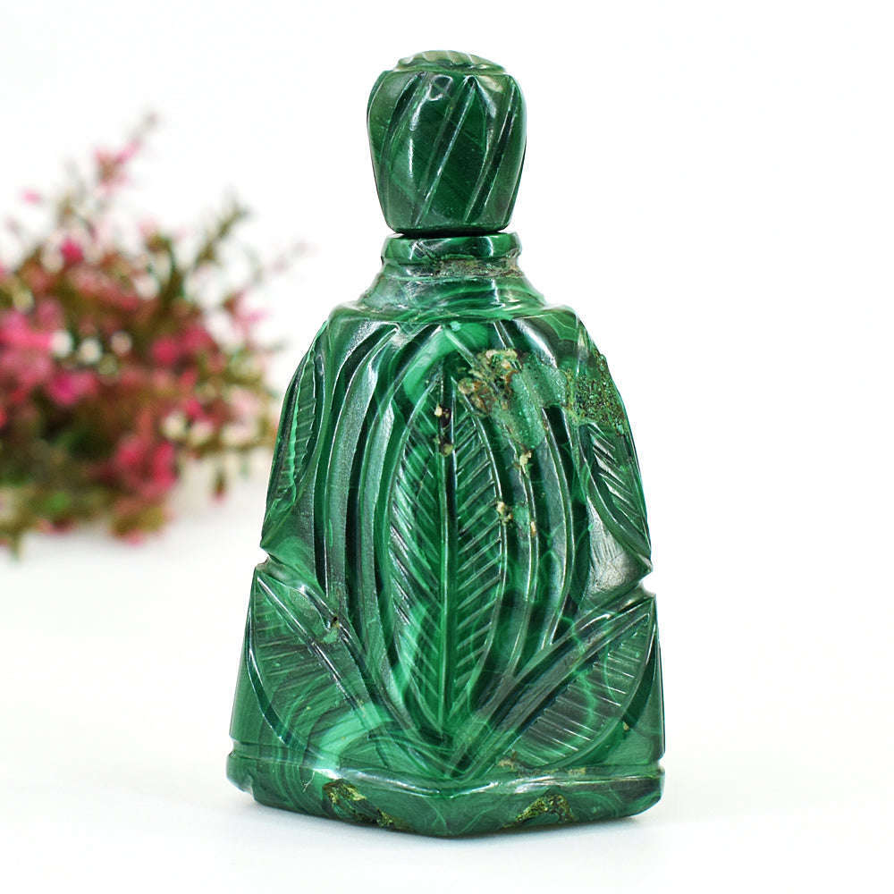 gemsmore:Beautiful Malachite Hand Carved Genuine Crystal Gemstone Carving Perfume Bottle