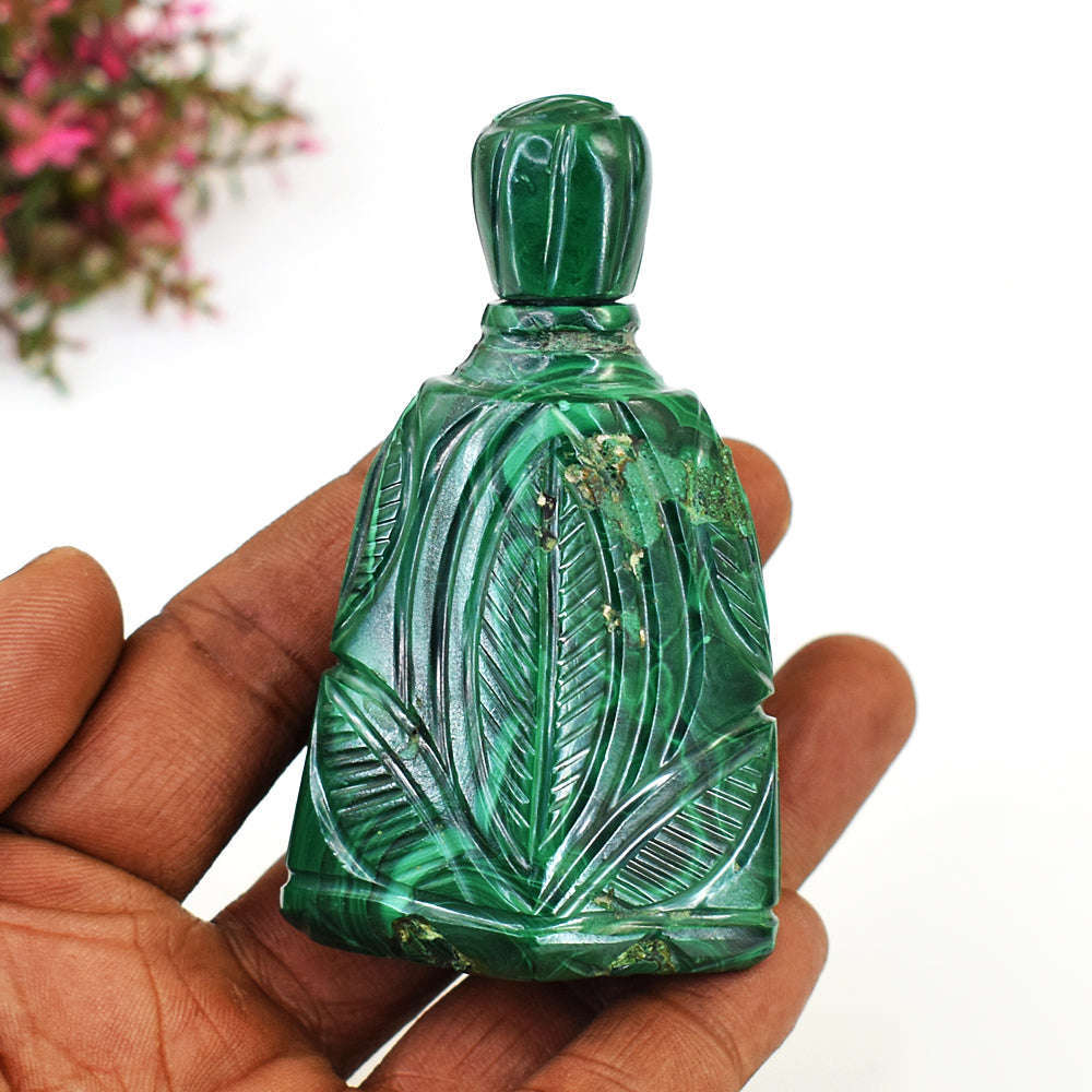 gemsmore:Beautiful Malachite Hand Carved Genuine Crystal Gemstone Carving Perfume Bottle