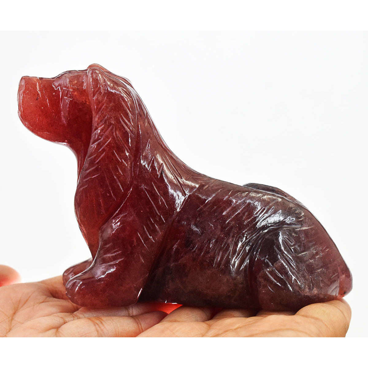 gemsmore:Beautiful Strawberry Quartz Hand Carved Craftsmen Carved Crystal Dog Gemstone
