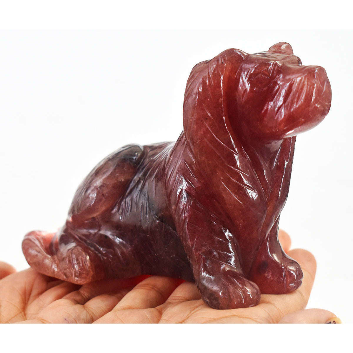 gemsmore:Beautiful Strawberry Quartz Hand Carved Craftsmen Carved Crystal Dog Gemstone