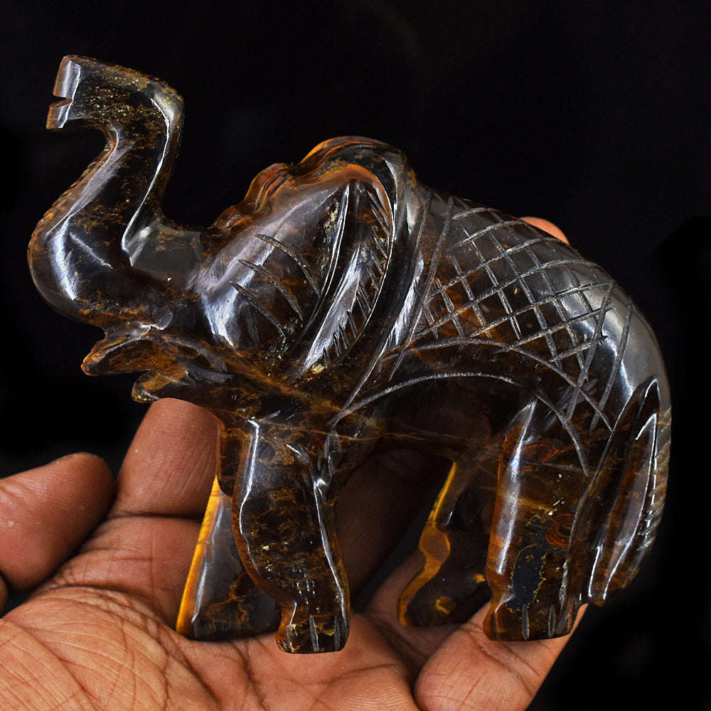 gemsmore:Beautiful Tiger Eye Hand Carved Genuine Crystal Gemstone Carving Elephant