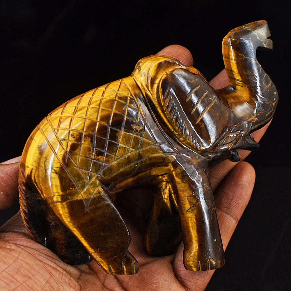 gemsmore:Beautiful Tiger Eye Hand Carved Genuine Crystal Gemstone Carving Elephant