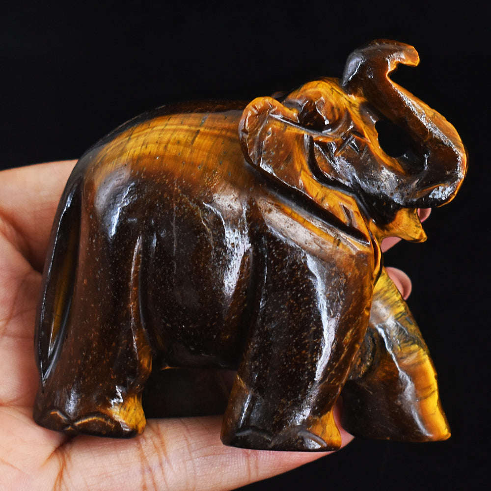 gemsmore:Beautiful Tiger Eye Hand Carved Genuine Crystal Gemstone Carving Elephant