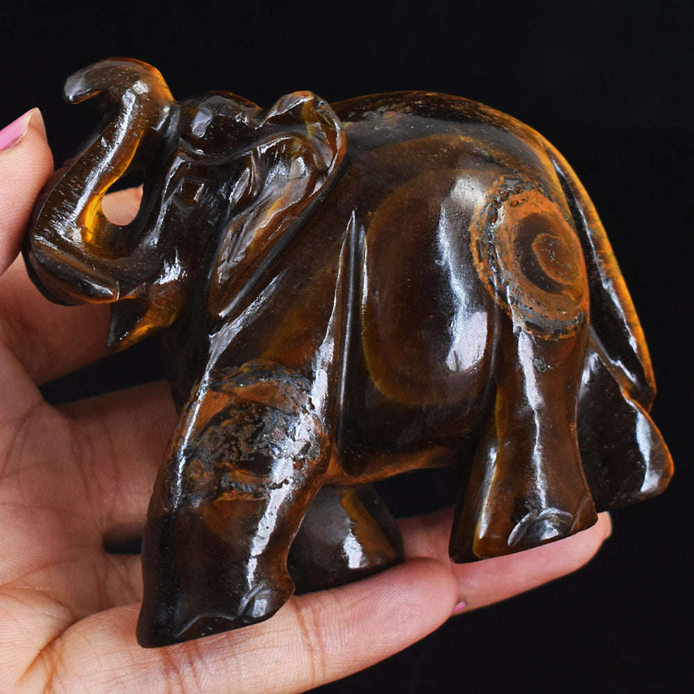 gemsmore:Beautiful Tiger Eye Hand Carved Genuine Crystal Gemstone Carving Elephant