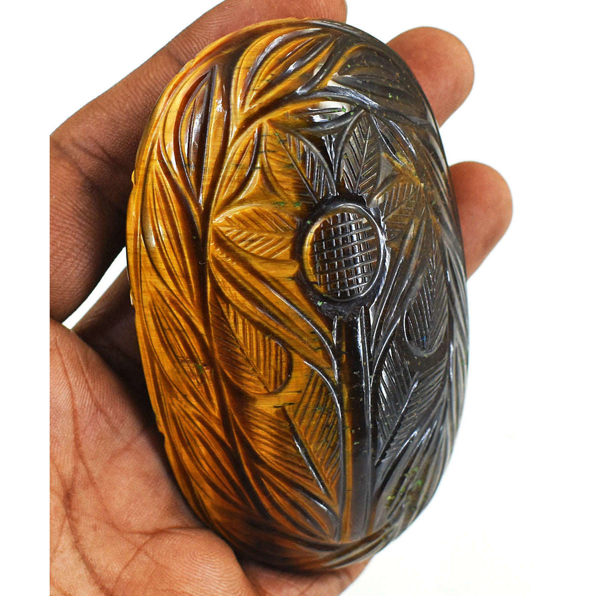 gemsmore:Beautiful Tiger Eye Hand Carved Genuine Crystal Gemstone Carving Mughal Carved Cabochon