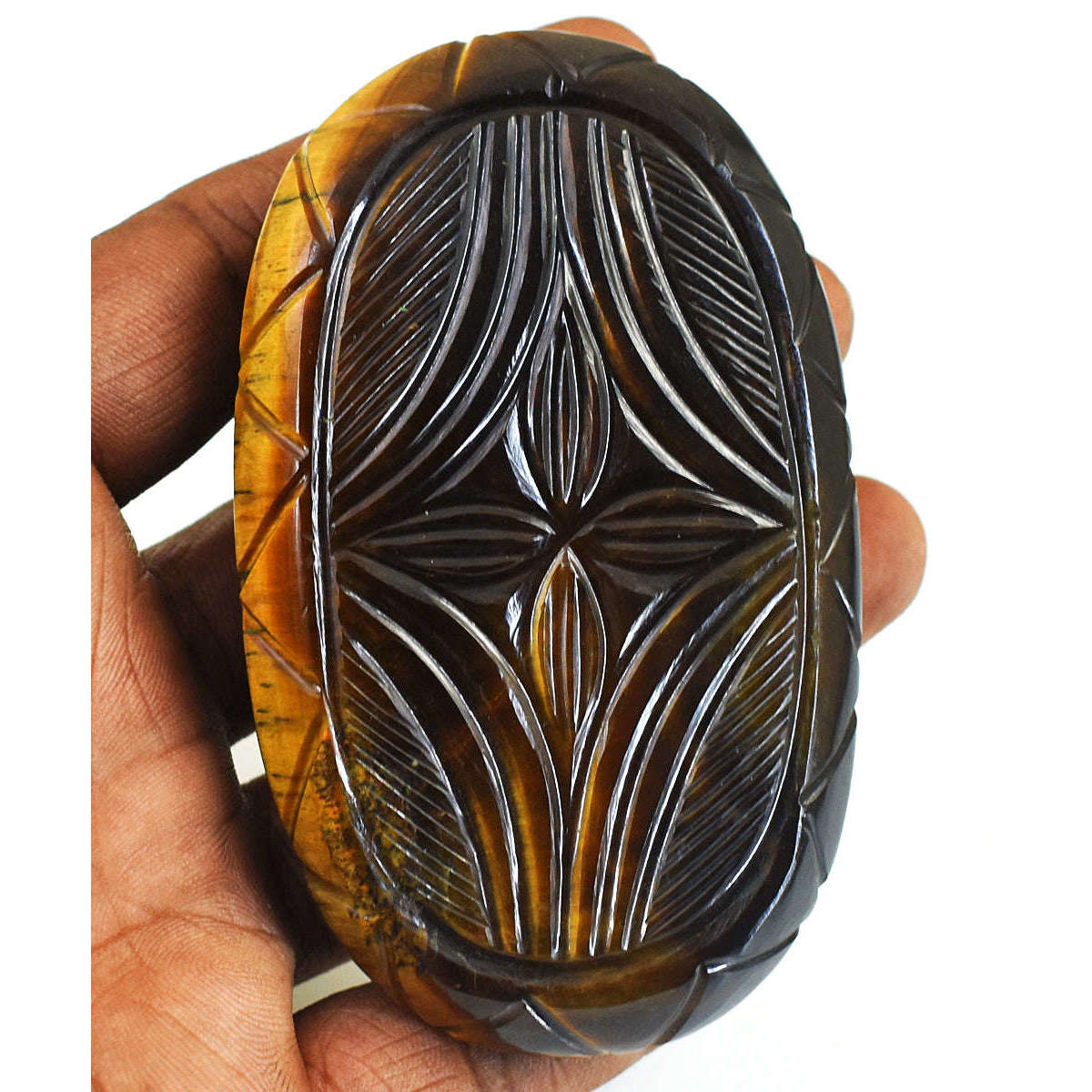 gemsmore:Beautiful Tiger Eye Hand Carved Genuine Crystal Gemstone Carving Mughal Carved Cabochon