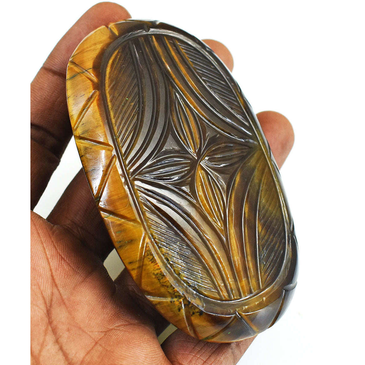 gemsmore:Beautiful Tiger Eye Hand Carved Genuine Crystal Gemstone Carving Mughal Carved Cabochon