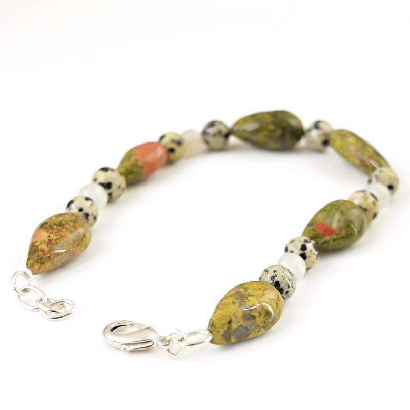 gemsmore:Blood Green Unakite & Dalmatian Jasper Bracelet - Natural Untreated Beads