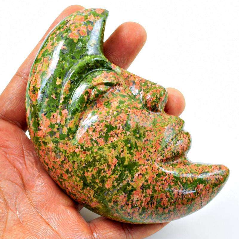 gemsmore:Blood Green Unakite Hand Carved Moon Face