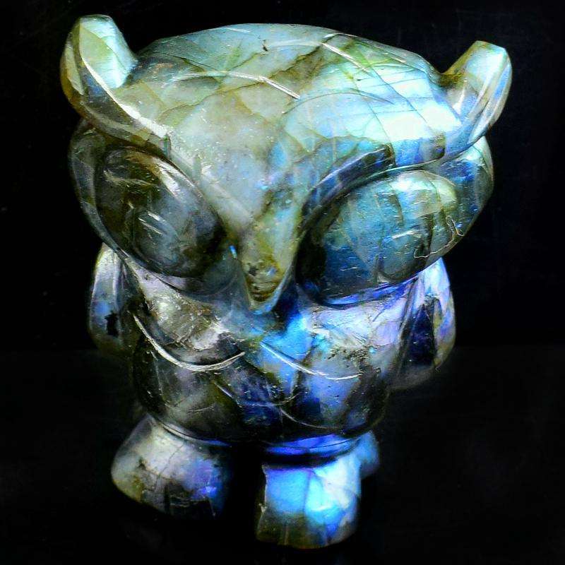 gemsmore:Blue Flash Labradorite Hand Carved Gemstone Owl