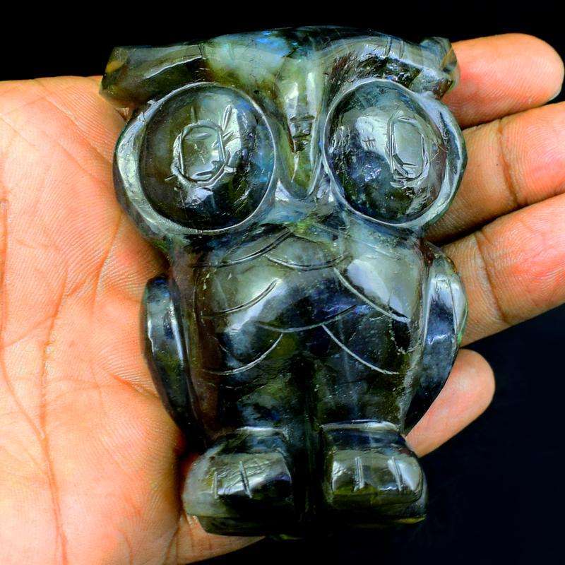 gemsmore:Blue Flash Labradorite Hand Carved Gemstone Owl