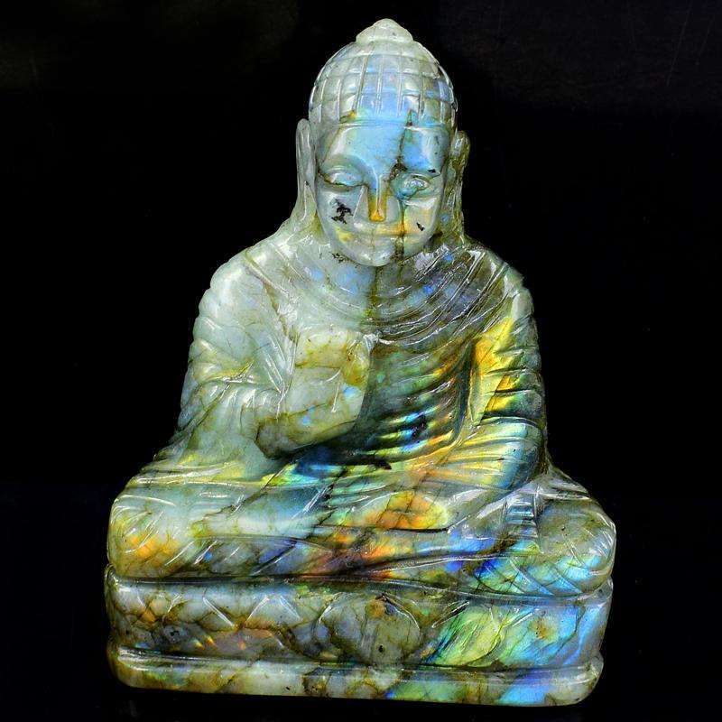 gemsmore:Blue Flash Labradorite Hand Carved Lord Buddha Idol