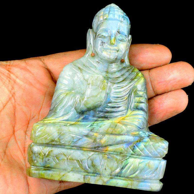 gemsmore:Blue Flash Labradorite Hand Carved Lord Buddha Idol