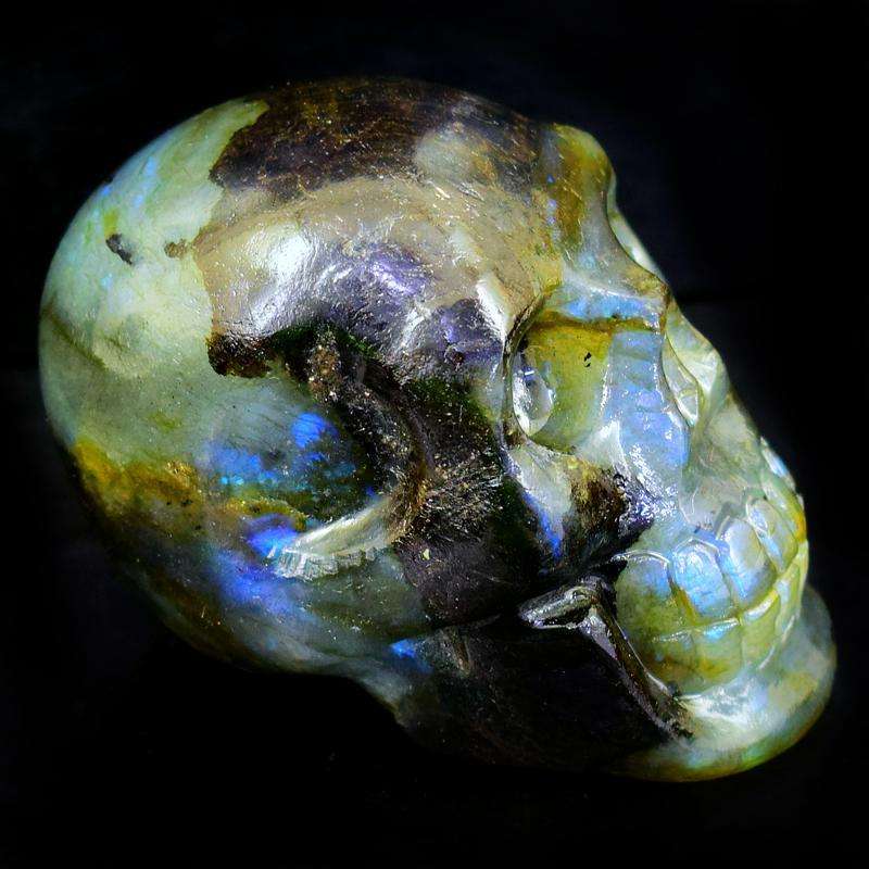 gemsmore:Carved Blue Flash Labradorite Human Skull