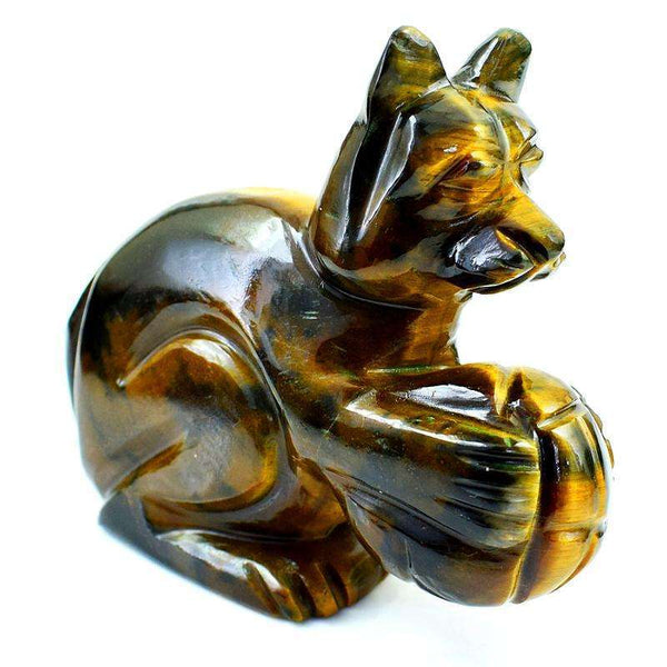 gemsmore:Carved Golden Tiger Eye Cat With Wool Ball