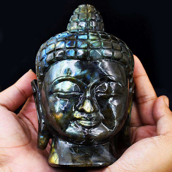 gemsmore:Craftsmen Amazing Flash Labradorite Hand Carved Buddha Head