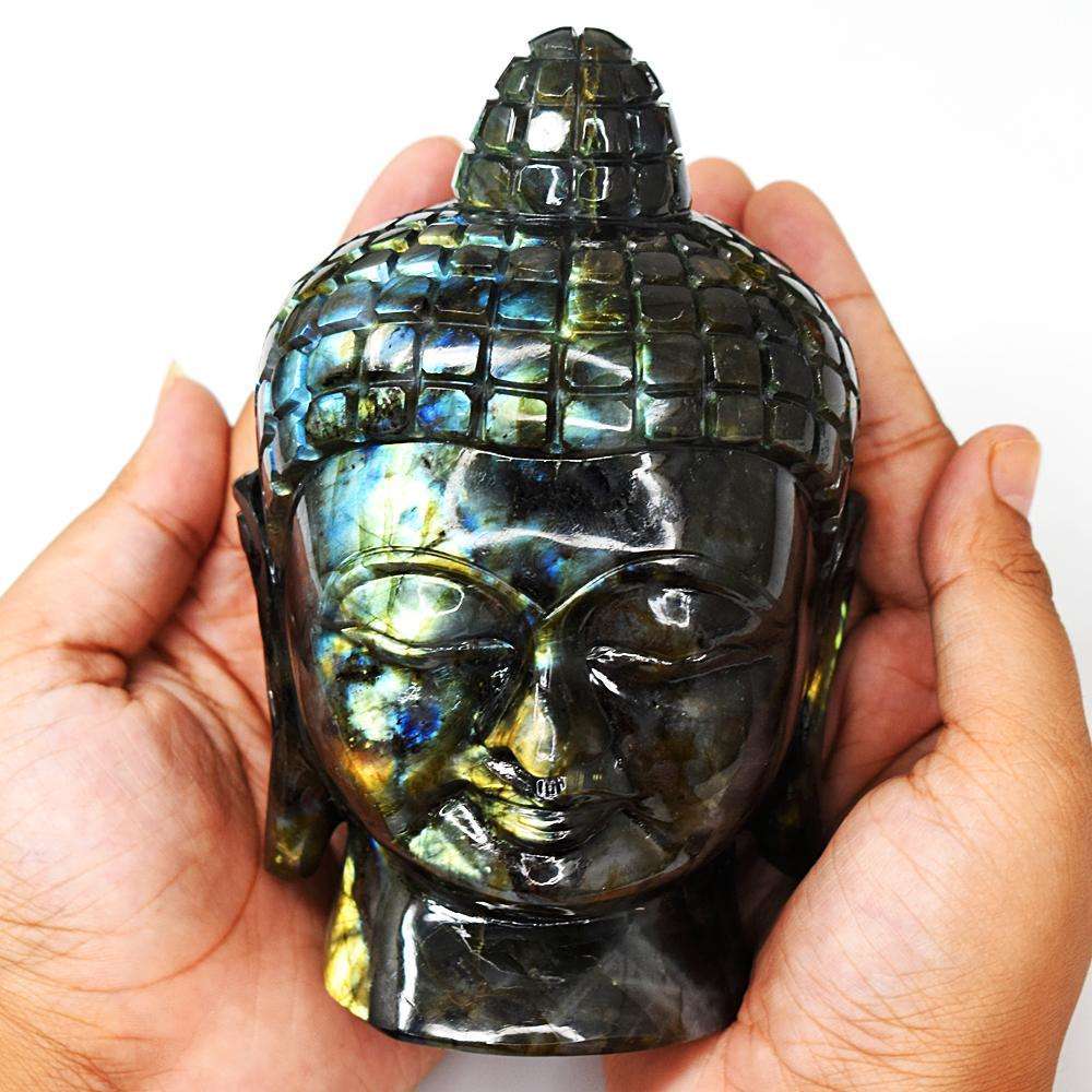 gemsmore:Craftsmen Amazing Flash Labradorite Hand Carved Buddha Head