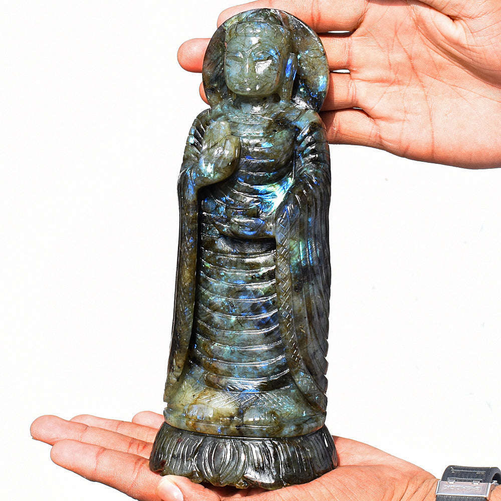 gemsmore:Craftsmen Amazing Flash Labradorite Hand Carved Crystal Lord Buddha