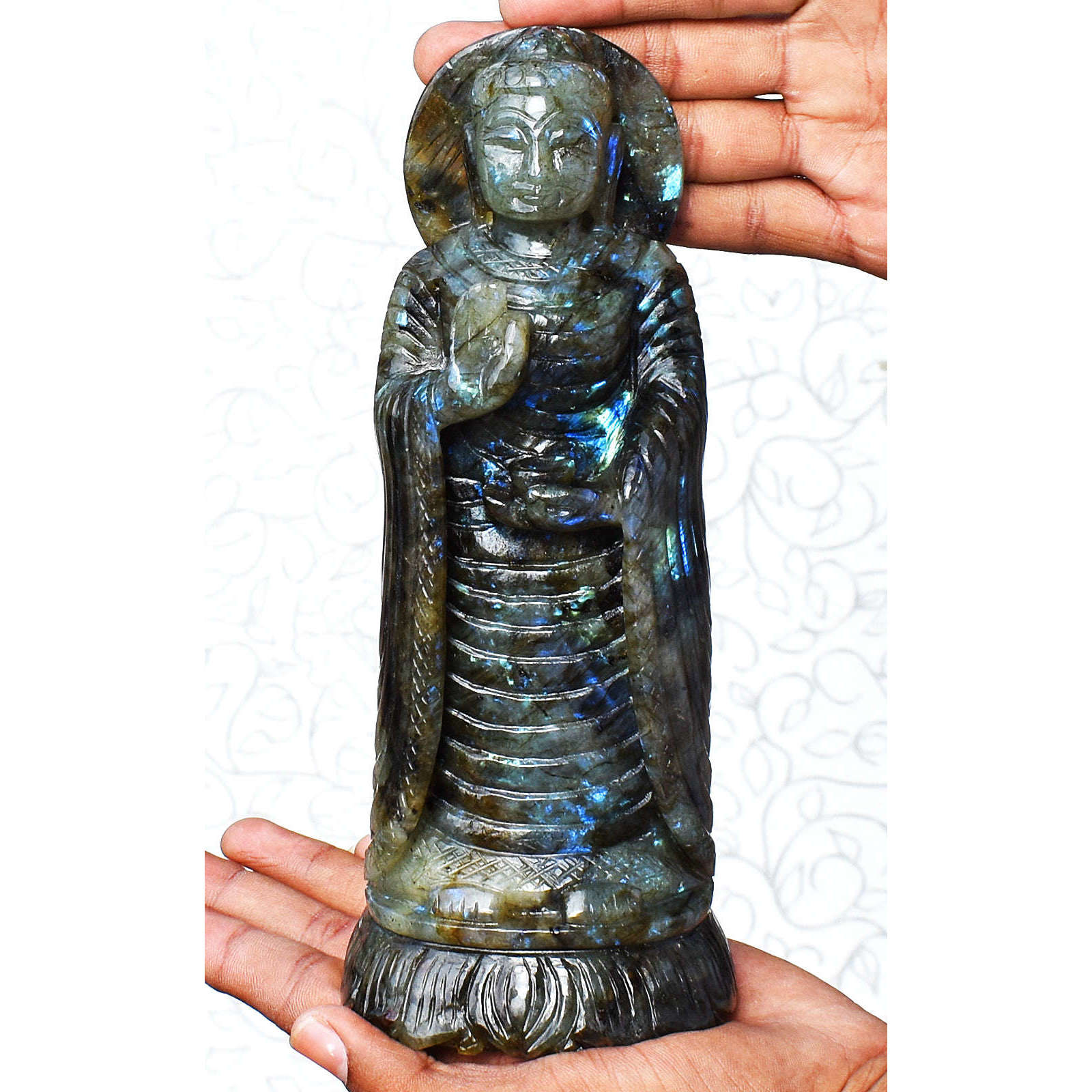 gemsmore:Craftsmen Amazing Flash Labradorite Hand Carved Crystal Lord Buddha