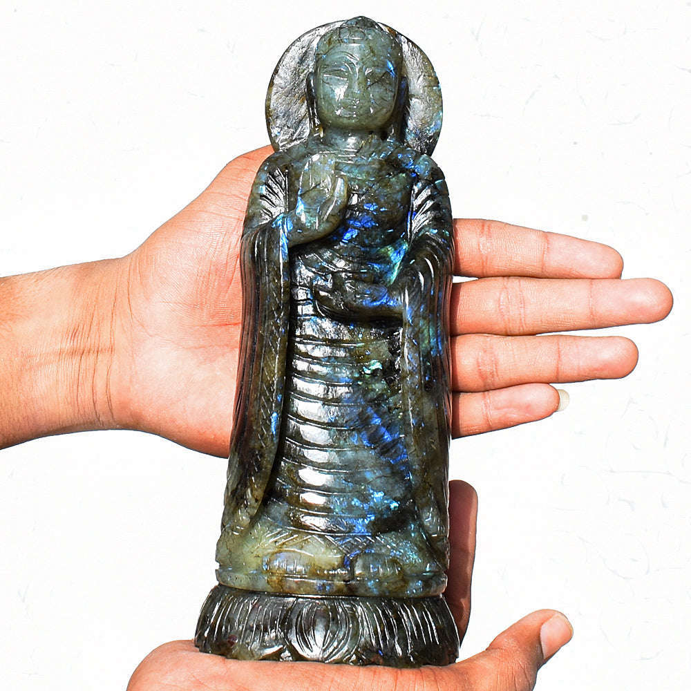 gemsmore:Craftsmen Amazing Flash Labradorite Hand Carved Crystal Lord Buddha