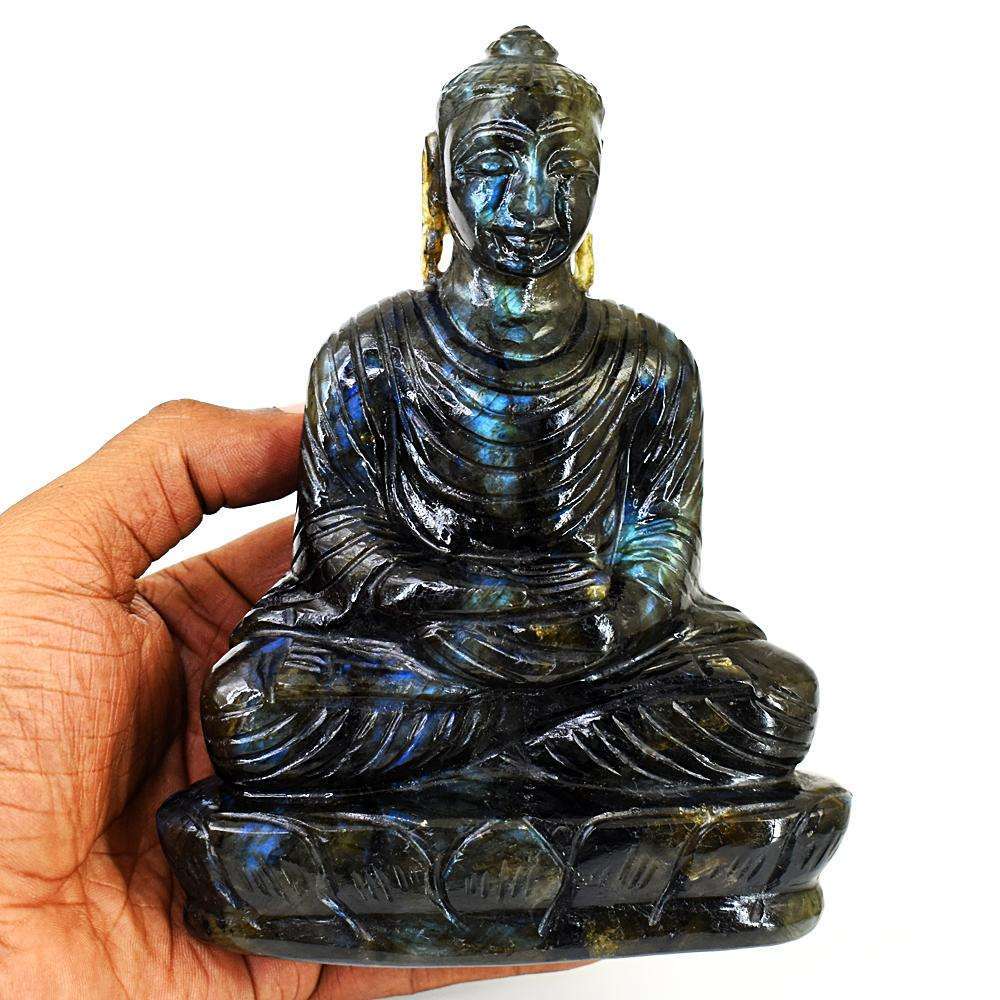 gemsmore:Craftsmen Blue Flash Labradorite Hand Carved Crystal Lord Buddha