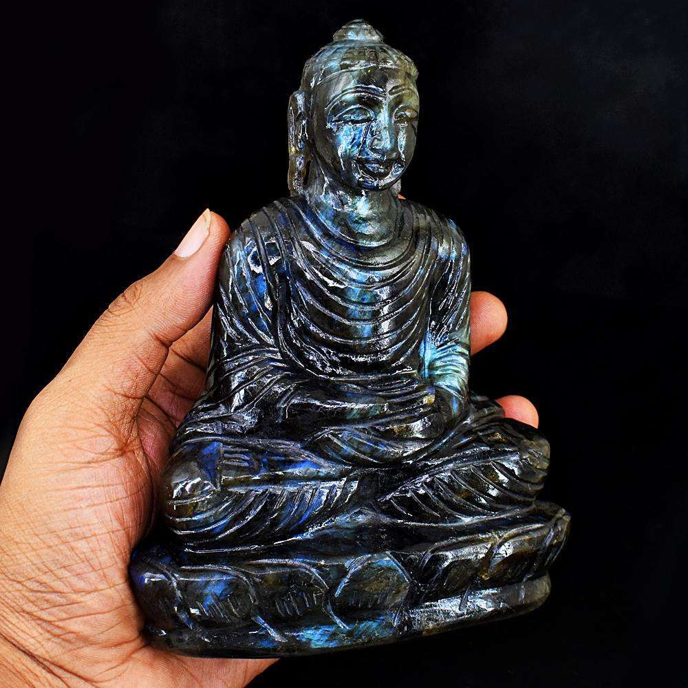 gemsmore:Craftsmen Blue Flash Labradorite Hand Carved Crystal Lord Buddha