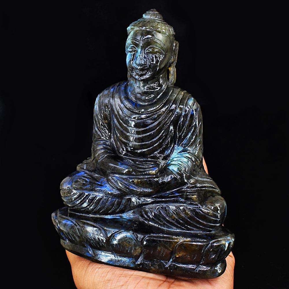 gemsmore:Craftsmen Blue Flash Labradorite Hand Carved Crystal Lord Buddha