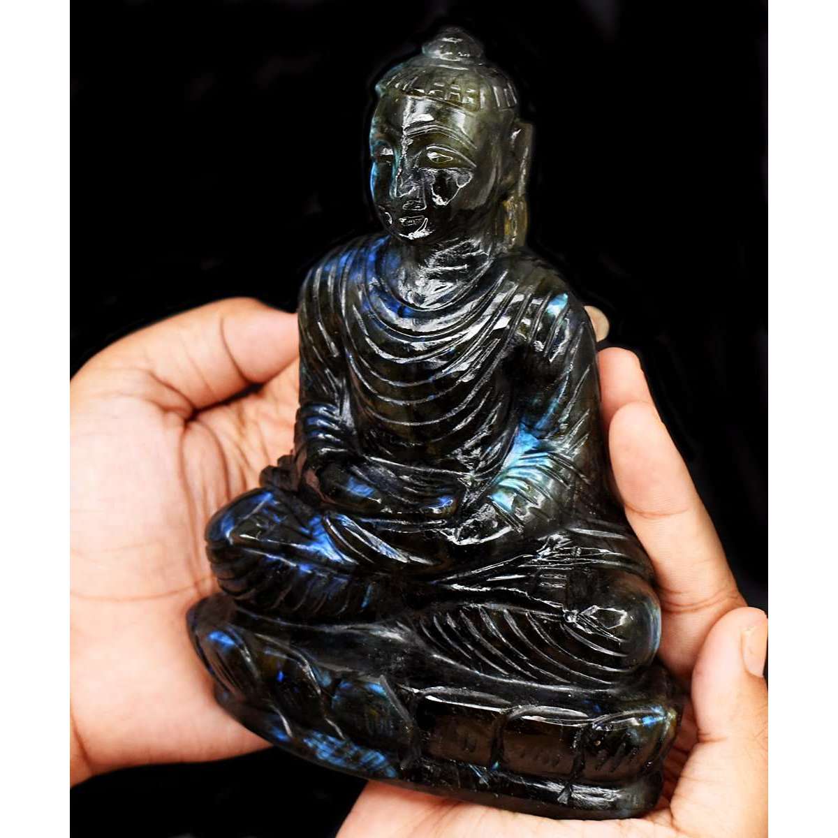 gemsmore:Craftsmen Blue Flash Labradorite Hand Carved Crystal Lord Buddha