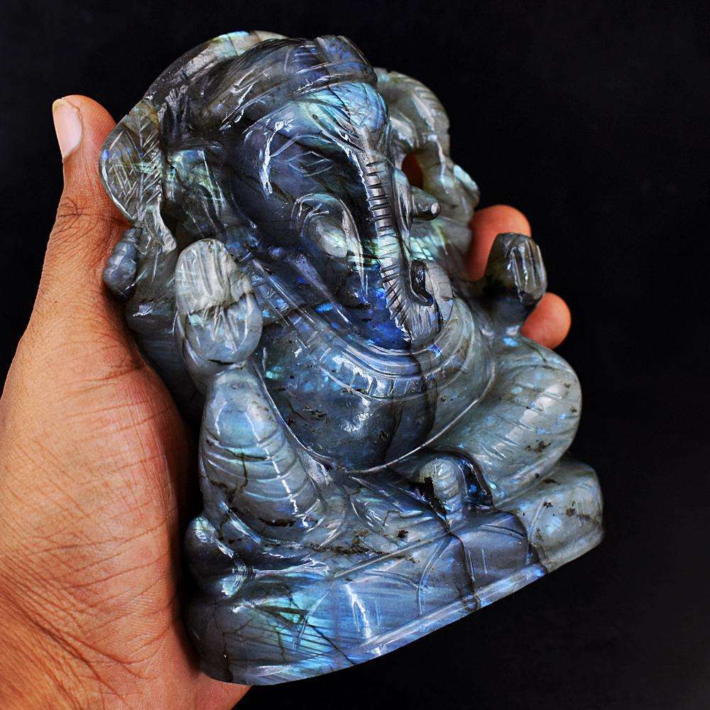 gemsmore:Craftsmen Blue Flash Labradorite Hand Carved Ganesha