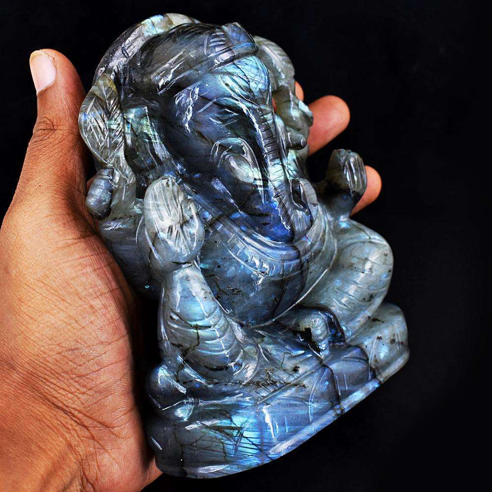 gemsmore:Craftsmen Blue Flash Labradorite Hand Carved Ganesha